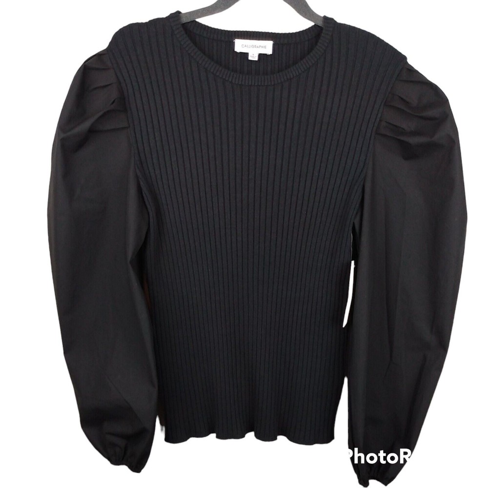 NWT Calligraphie Womens Small Black Knit Dressy Sweater Puffy Sleeves